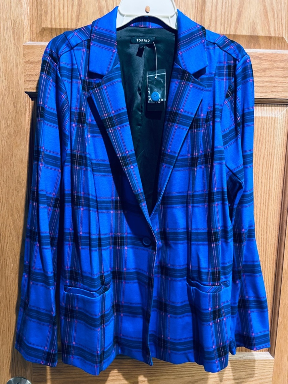 torrid Electric Blue Plaid Single-Button Blazer with Black Accents